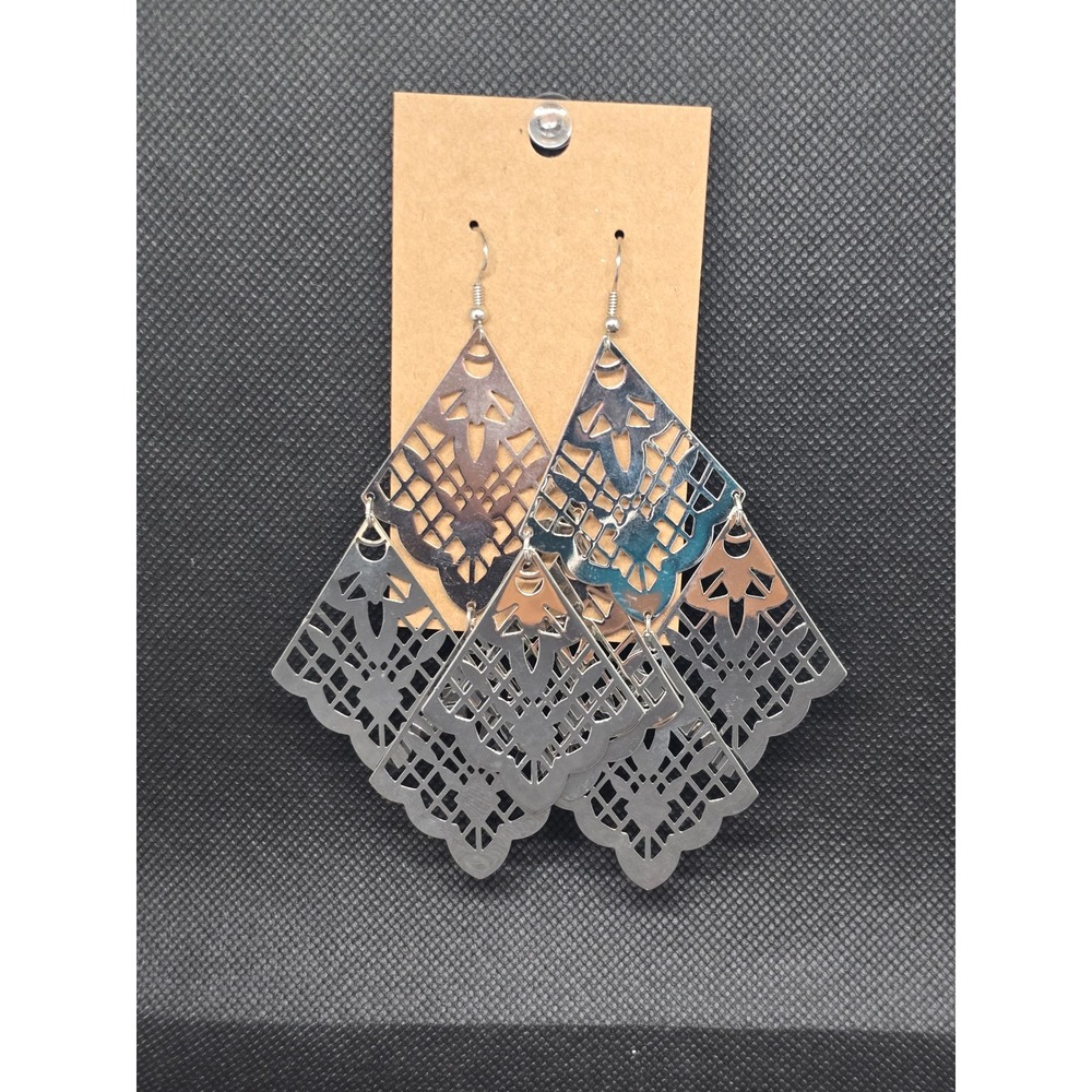 Vintage Silver Filigree Tiered Chandelier Drop Earrings Boho Statement Geometric